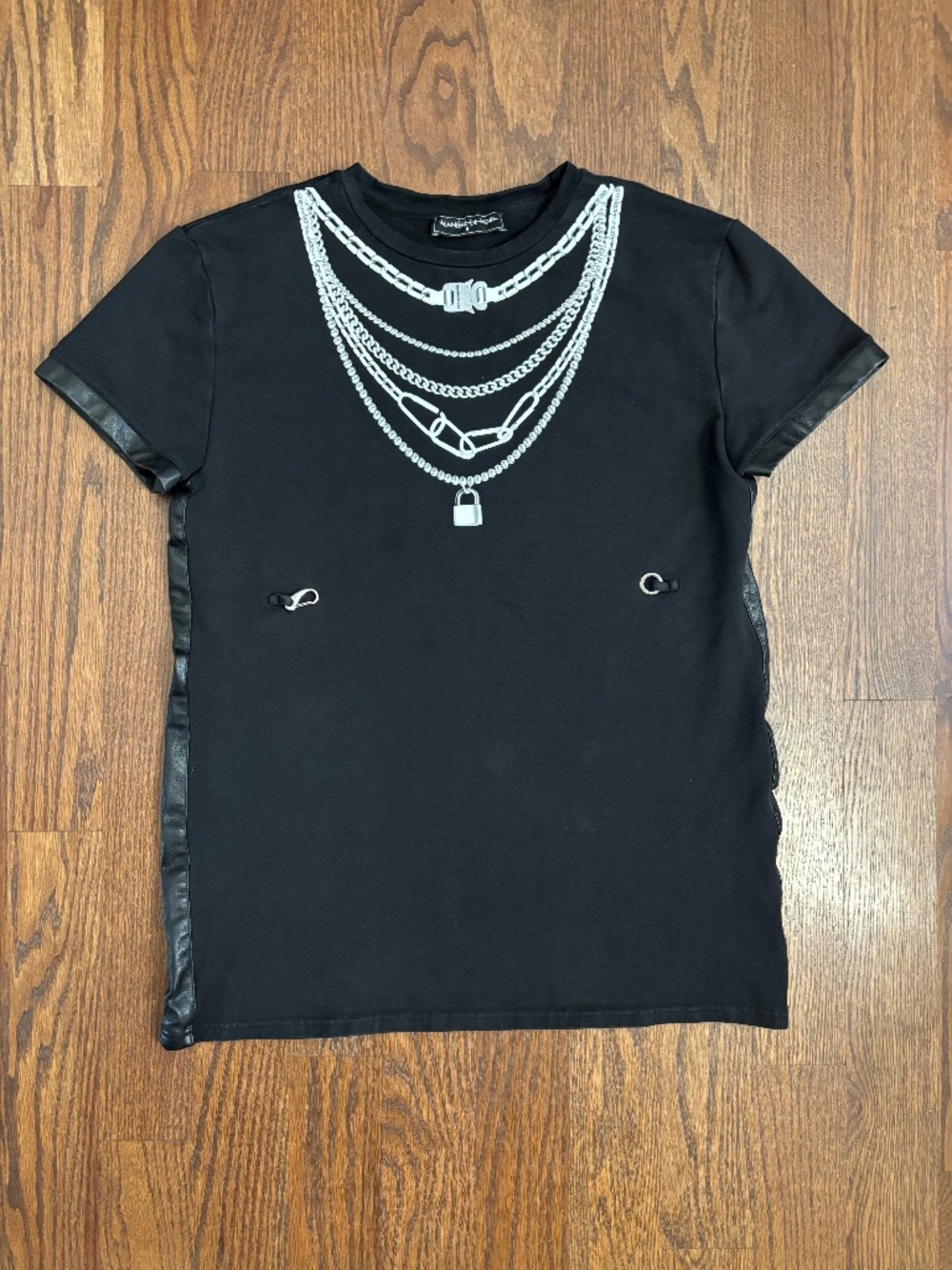 Manière De Voir Chain Print Graphic T-Shirt Women’s Size 8 Black Stretch Tee